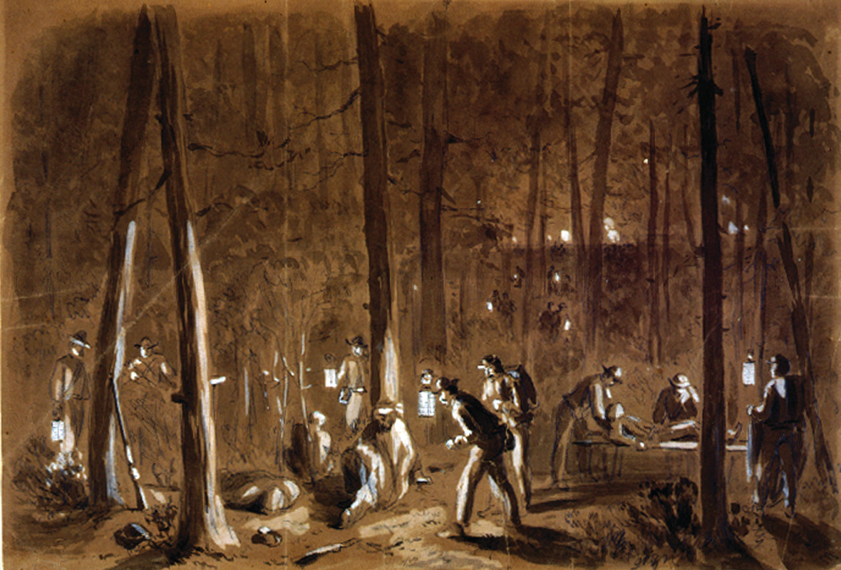 Hospital attendants - collecting the wounded after the engagement - within our lines near Hatchers run, [1864 between September and October] — historic drawing