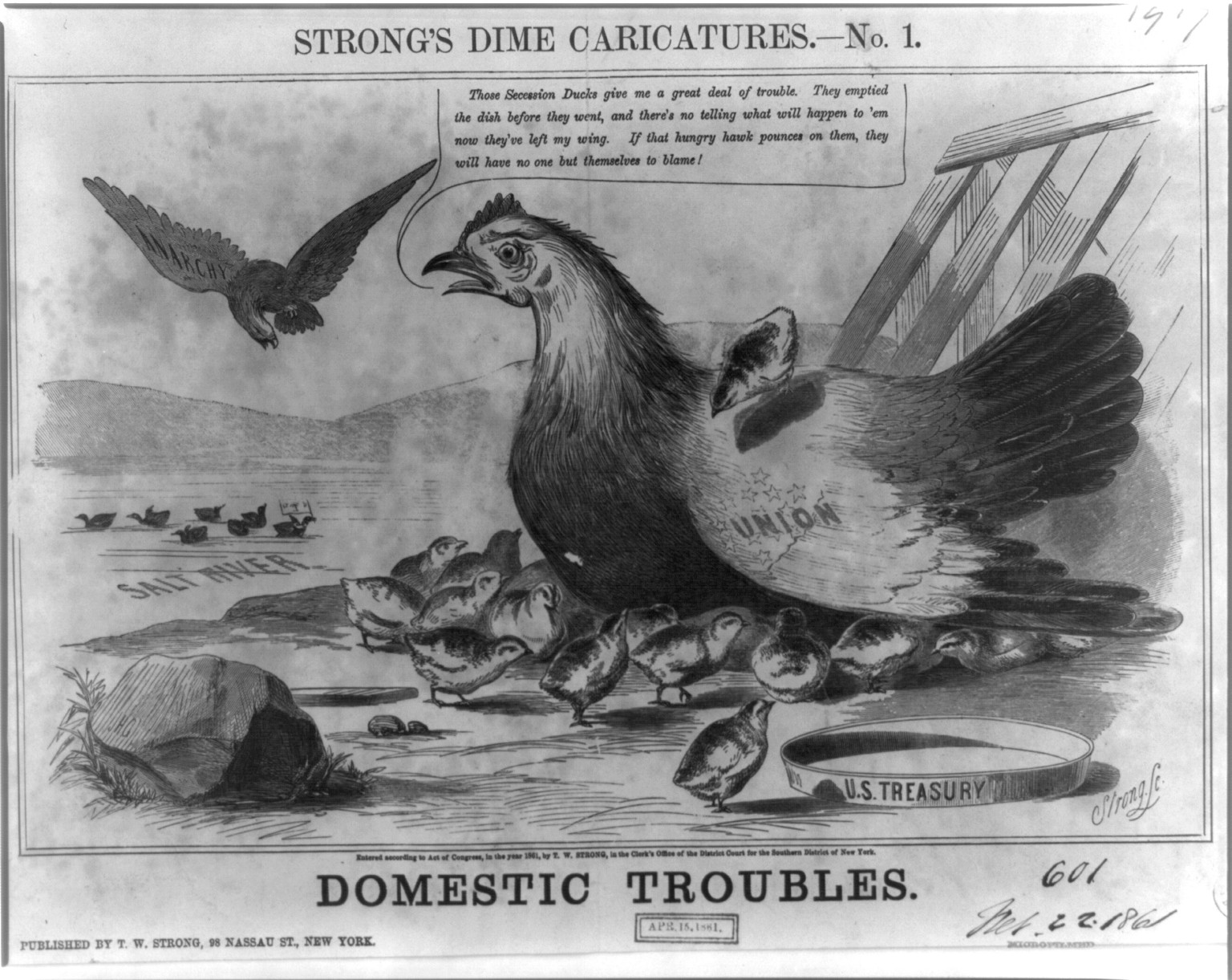 Strong's dime caricatures. No. 1, Domestic troubles, New York : Published by Thomas W. Strong, 1861. — antique engraving