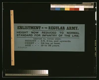 Enlistment in the regular army. Height now reduced to normal standard for infantry of the line.