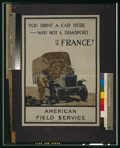 You drive a car here--why not a transport in France? American Field Service / H. Blyleven, Esselen.