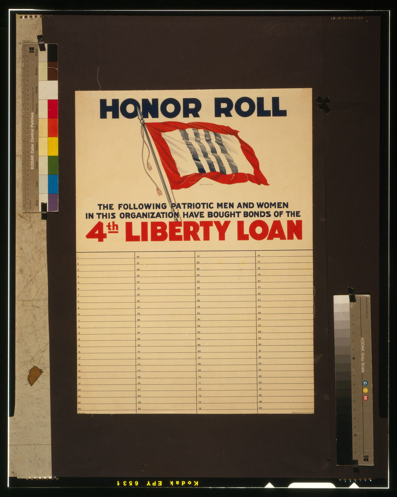 Honor roll The following patriotic men and women in this organization have bought bonds of the 4th Liberty Loan / Edwards & Deutsch Litho. Co. Chicago., [1918] — vintage poster