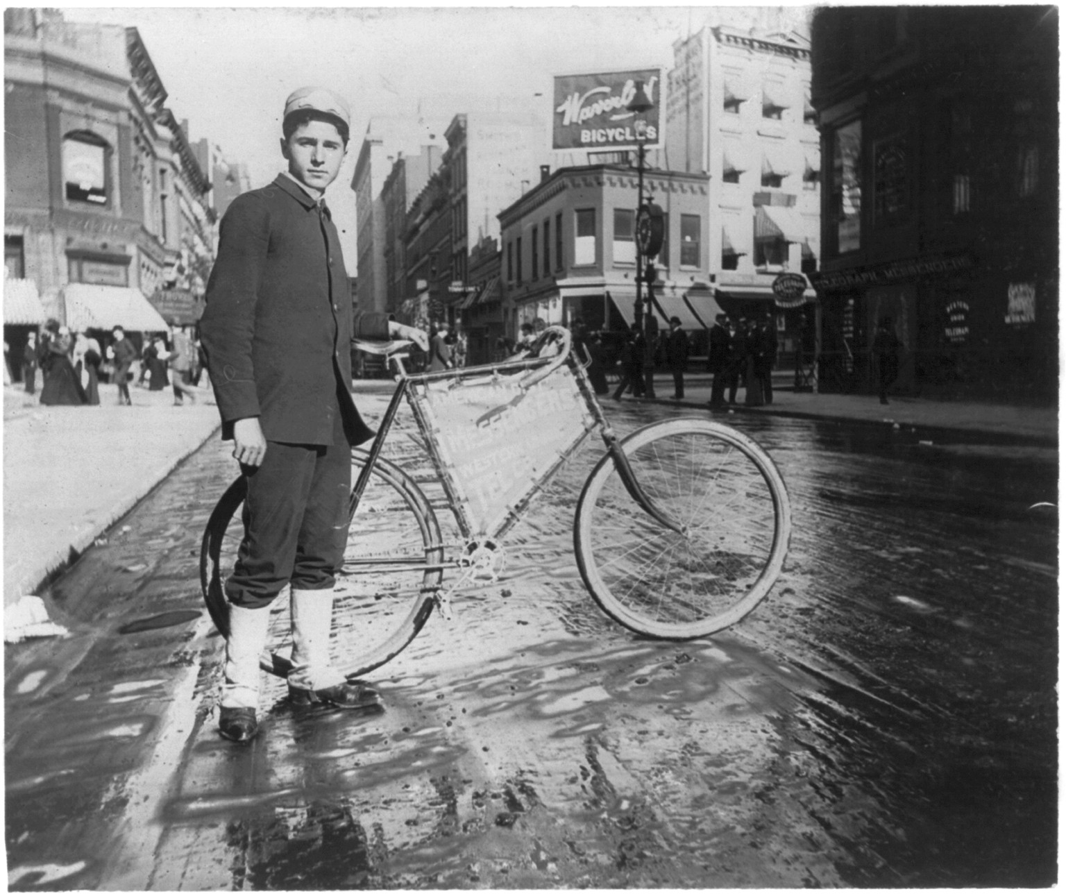 [Street types of New York City: Messenger boy and bike], c1896. — historic photograph