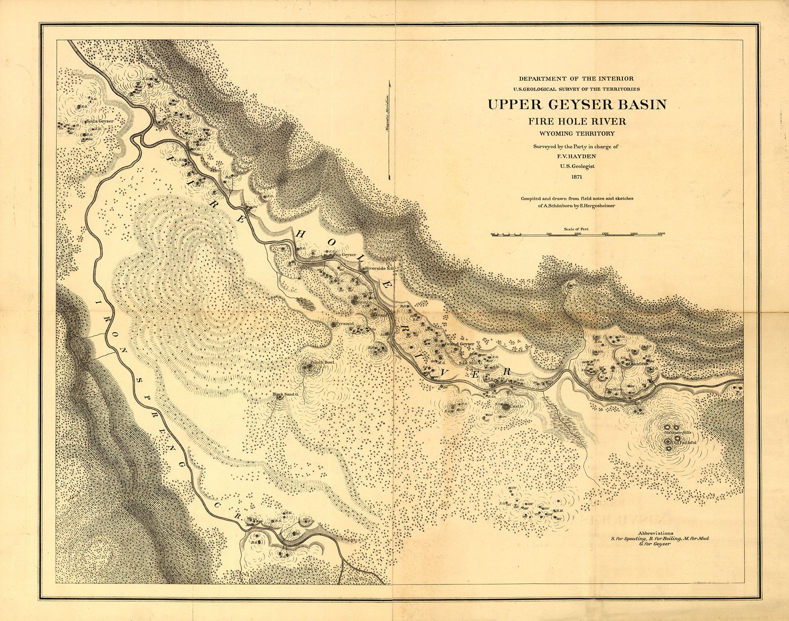 Hayden Upper Geyser Basin, Fire Hole River, Wyoming Territory, 1871 — historic image