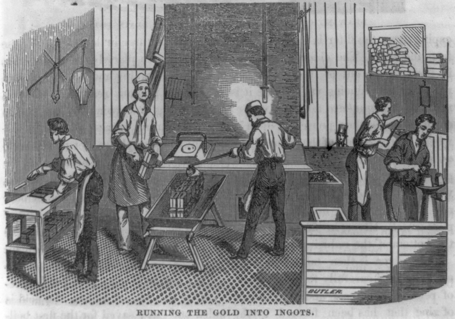 San Francisco Mint operations: Running the gold into ingots"" — antique engraving