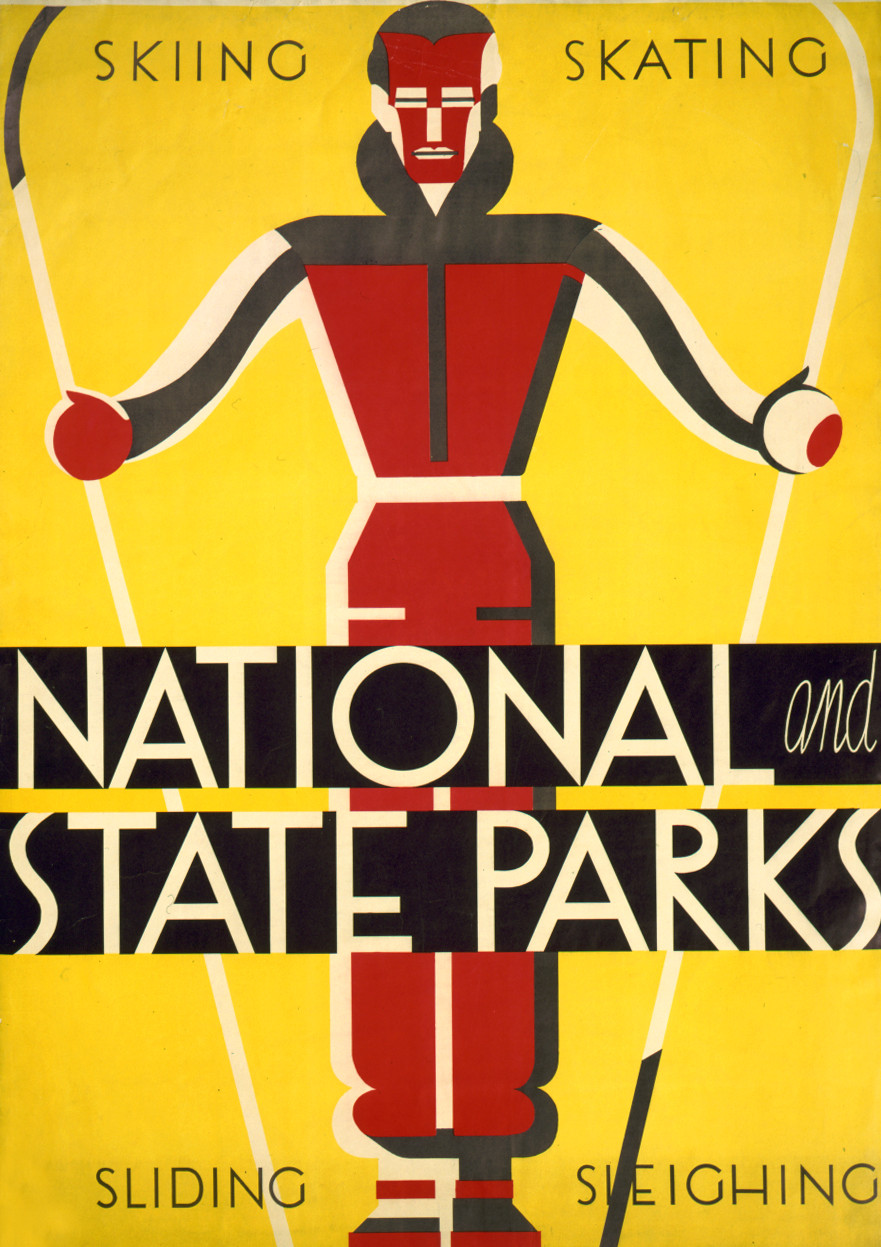 National and state parks, skiing, skating, sliding, sleighing / Dorothy Waugh., [Washington] : U.S. Government Printing Office, [1930] — vintage poster