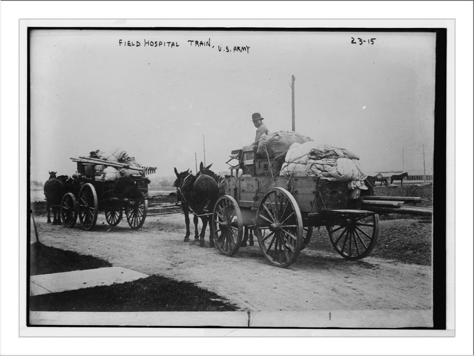 Horse drawn wagons of Field Hospital train, U.S. Army, n/a — historic photograph