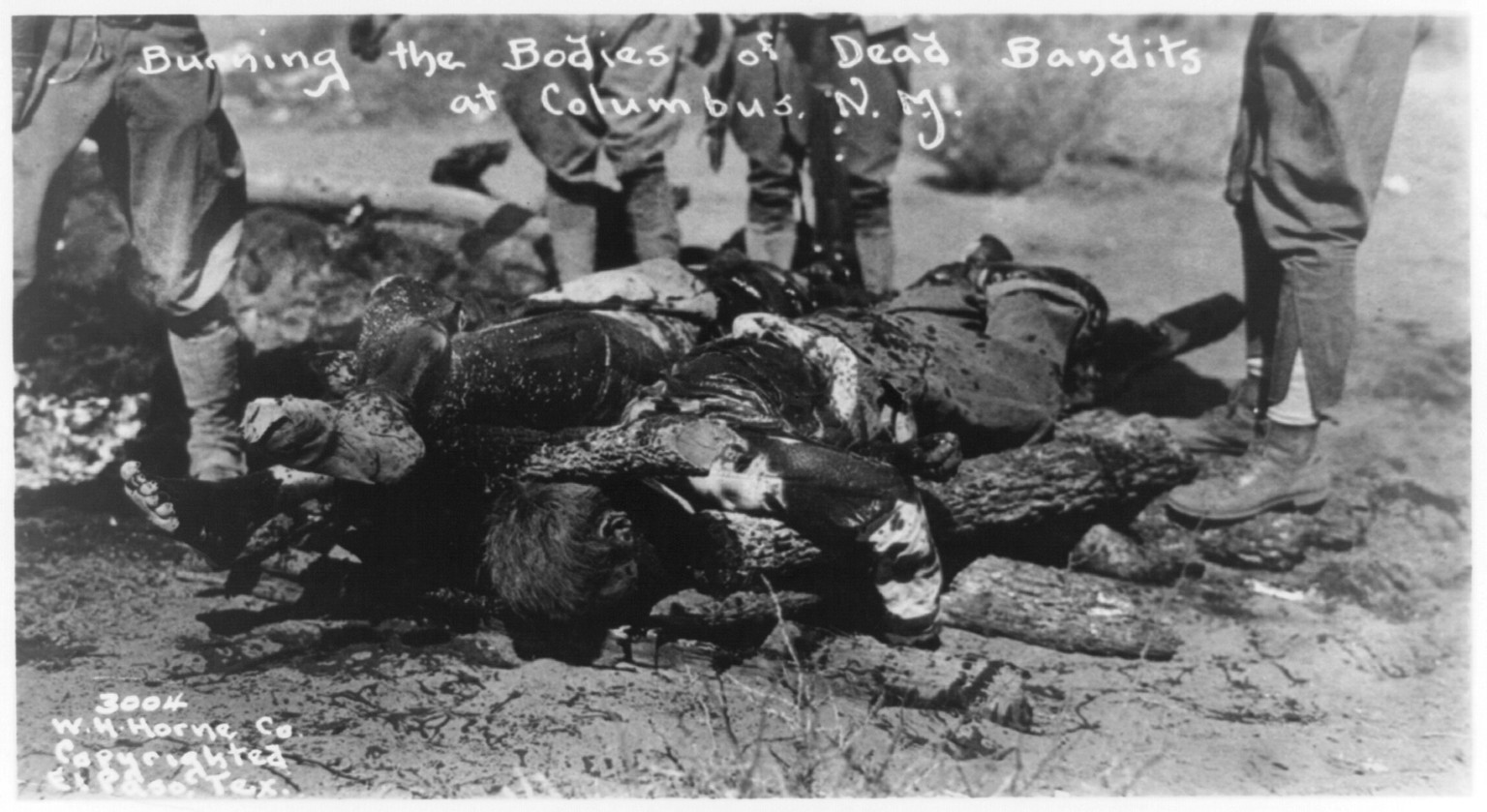 Burning the bodies of dead bandits at Columbus, N.M., [1916 March] — historic photograph