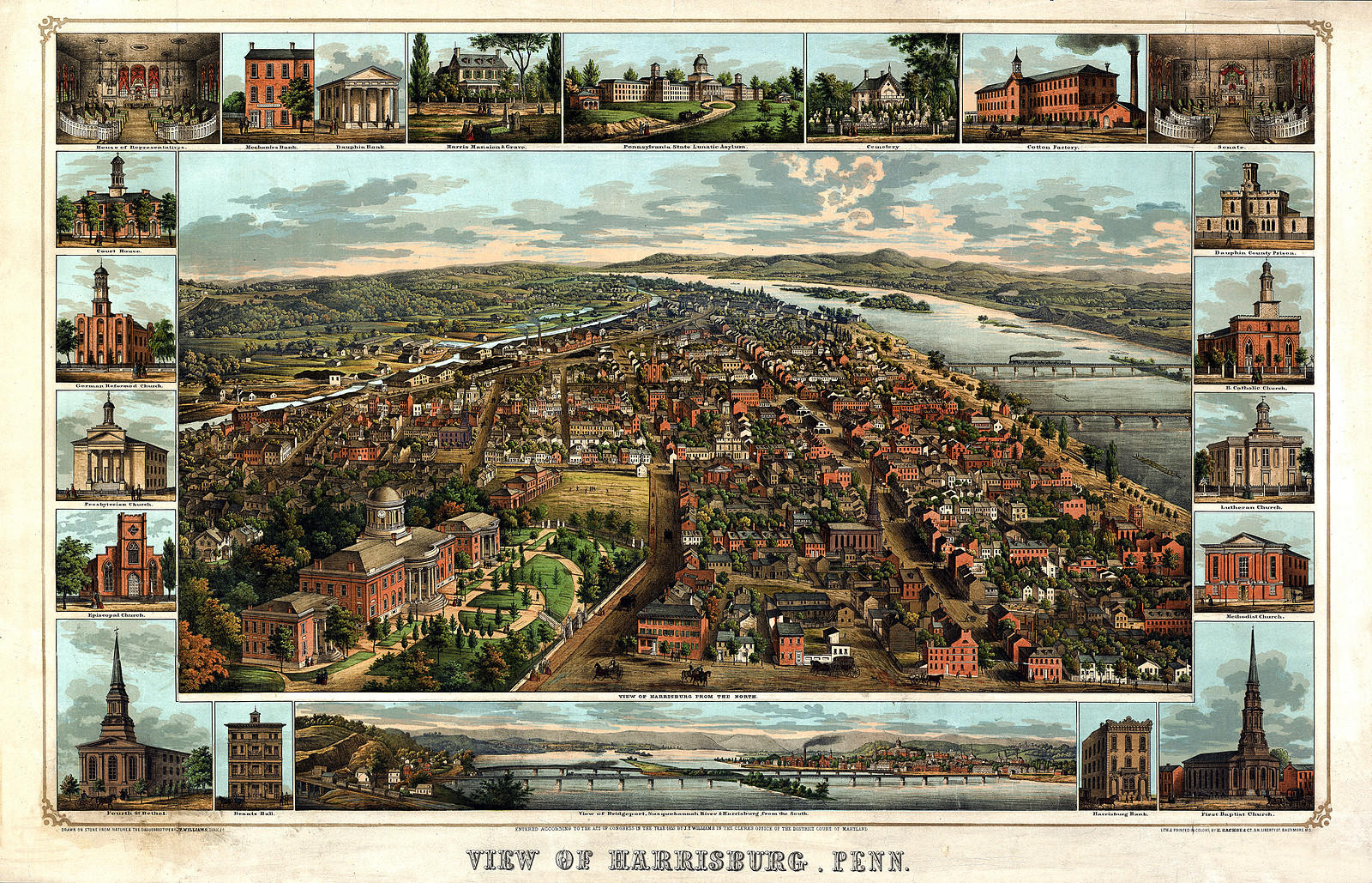 View of Harrisburg, Penn., 1855 — antique map