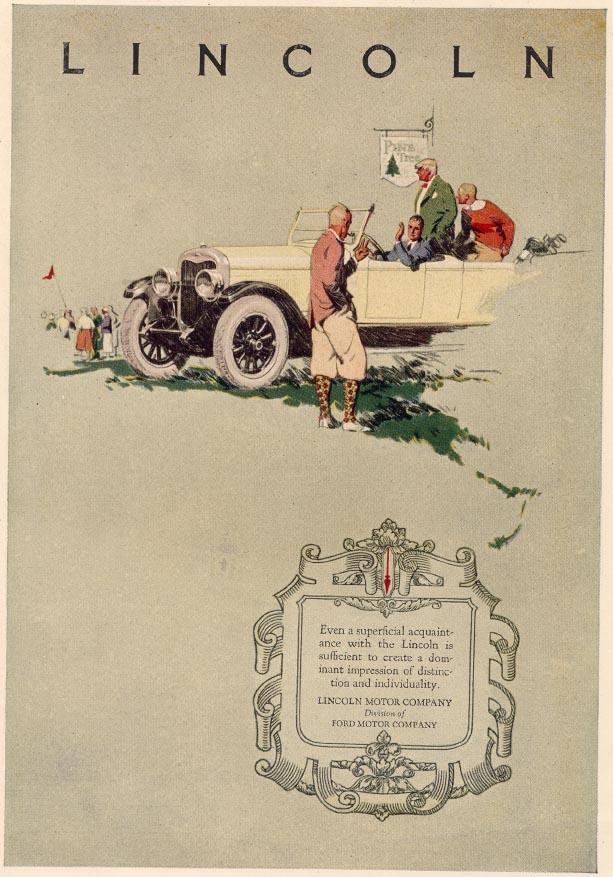 Lincoln motor car advertisement with golfers and slogan text — historic image