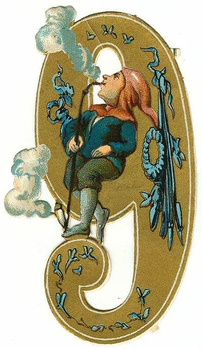 Die-cut gold numeral 9 with pipe-smoking figure