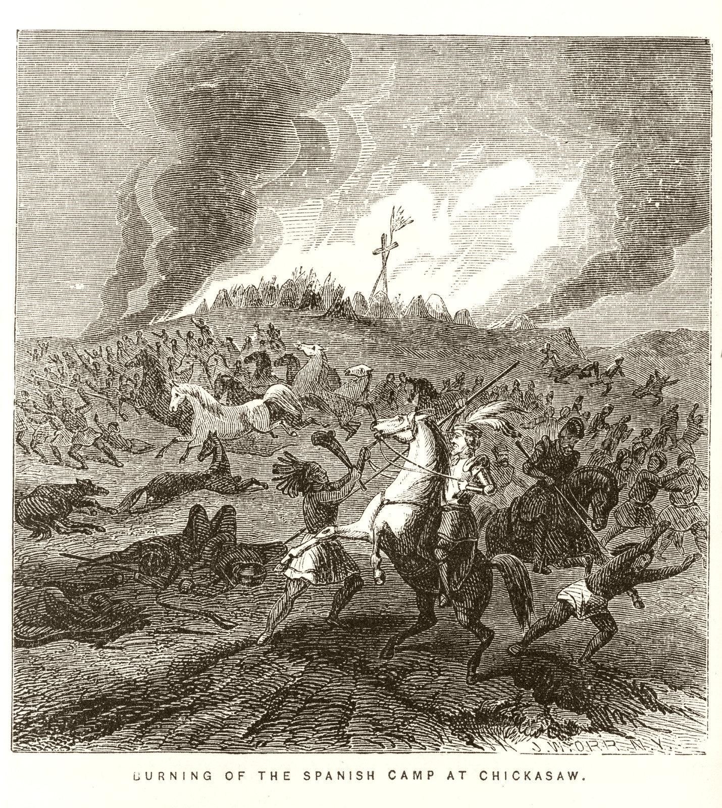 Burning of the Spanish camp at Chickasaw / J.W. Orr, N.Y., [published 1858] — antique engraving