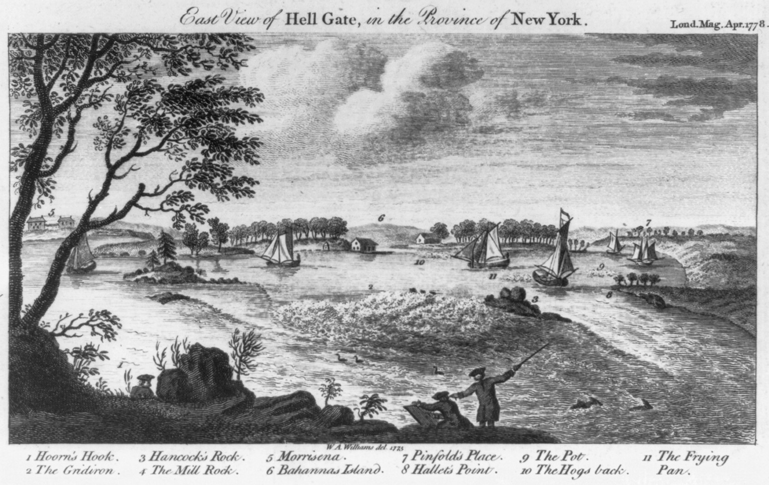 East view of Hell Gate, in the province of New York / W.A. Williams del. 1775., 1778 April. — historic print