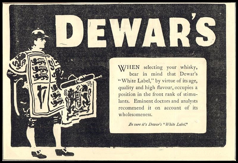 Dewar's whisky advertisement, 'White Label' text panel — historic image