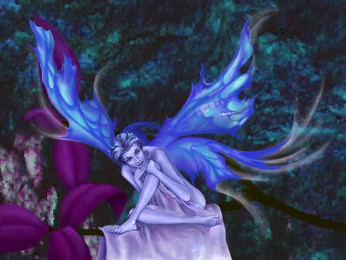 Blue-winged fairy seated on rock among purple flowers — historic image