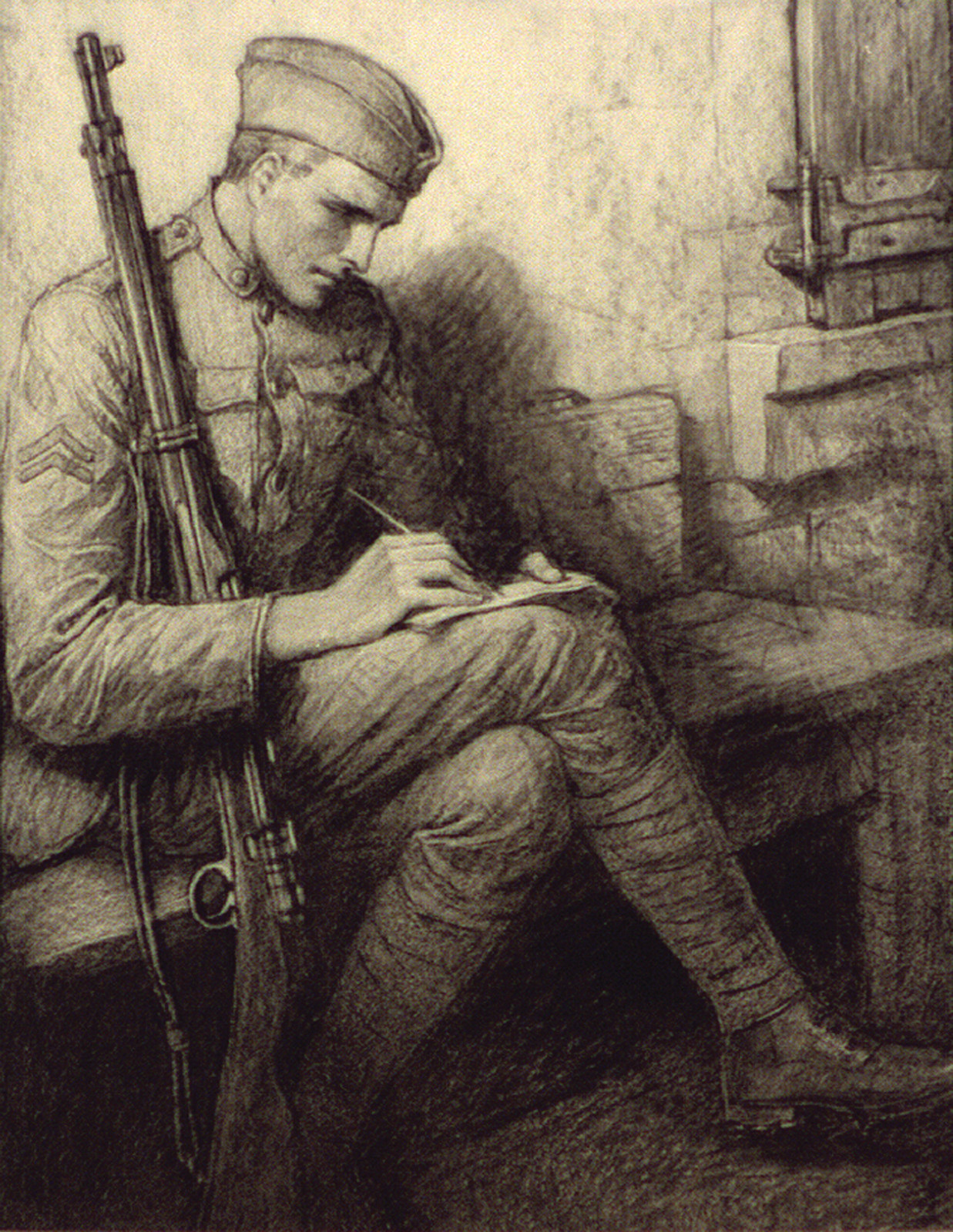 Soldier with rifle writing a letter on a bench — historic image