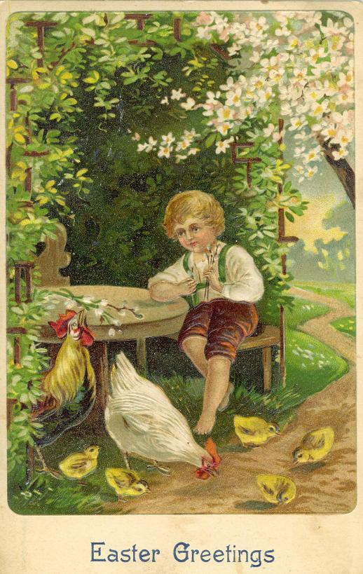 Easter Greetings postcard: boy with hens and chicks — vintage postcard