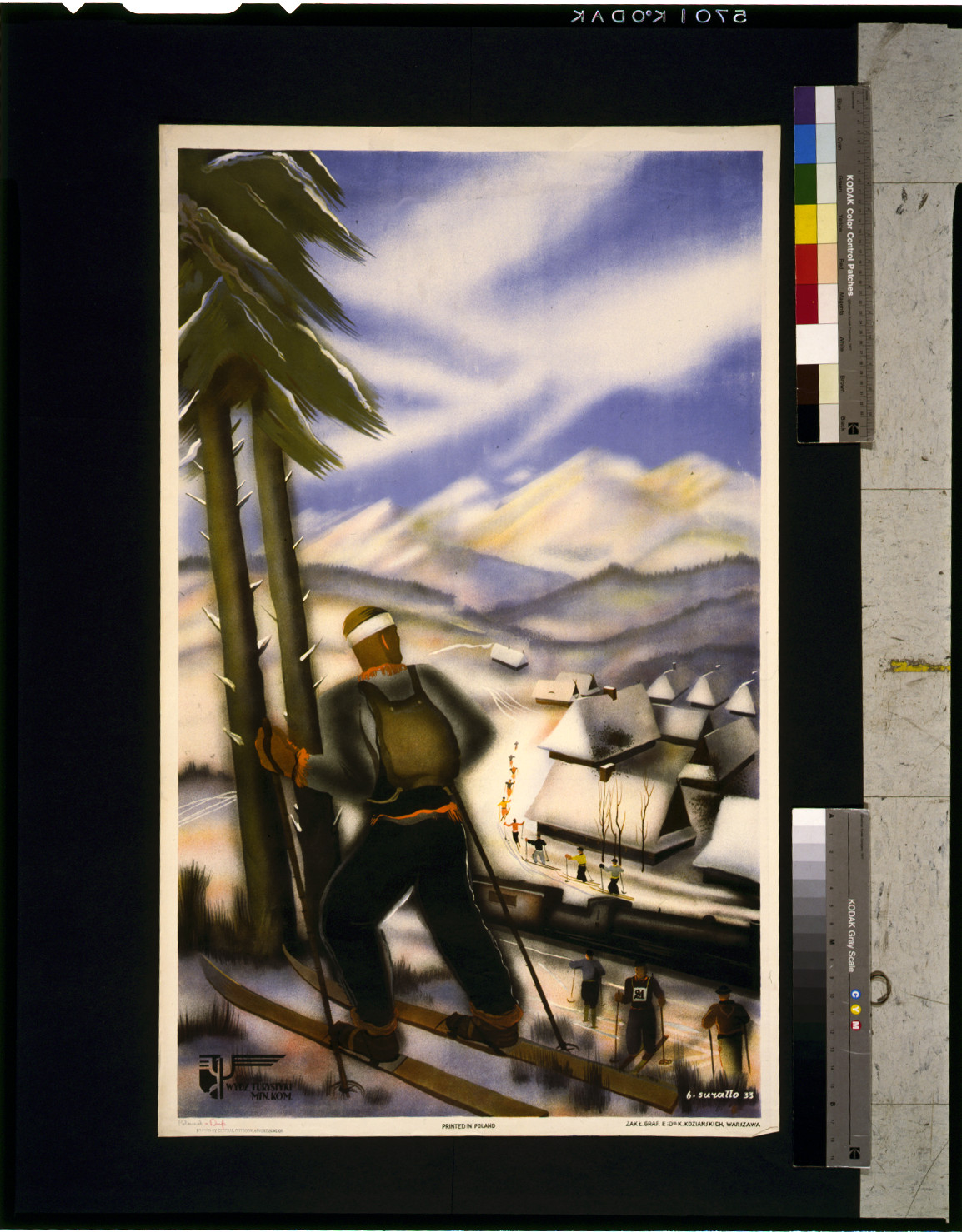 [Skier on hill looking down at other skiers and village, with mountains in background] / Suyallo(?)., Warsaw : [19]33. — vintage poster