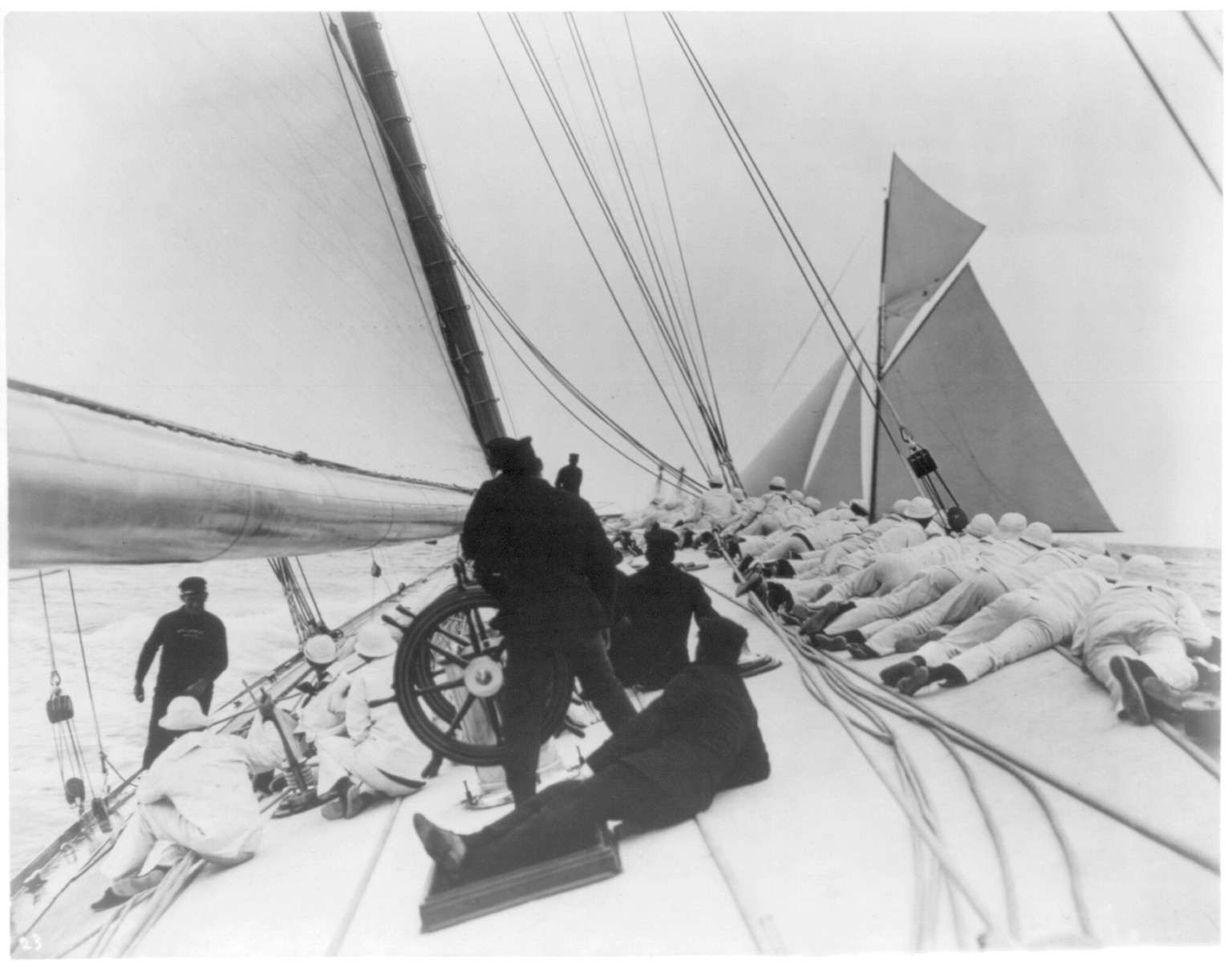 [Photo of the sailing yacht RELIANCE: deck scene looking forward] — historic photograph