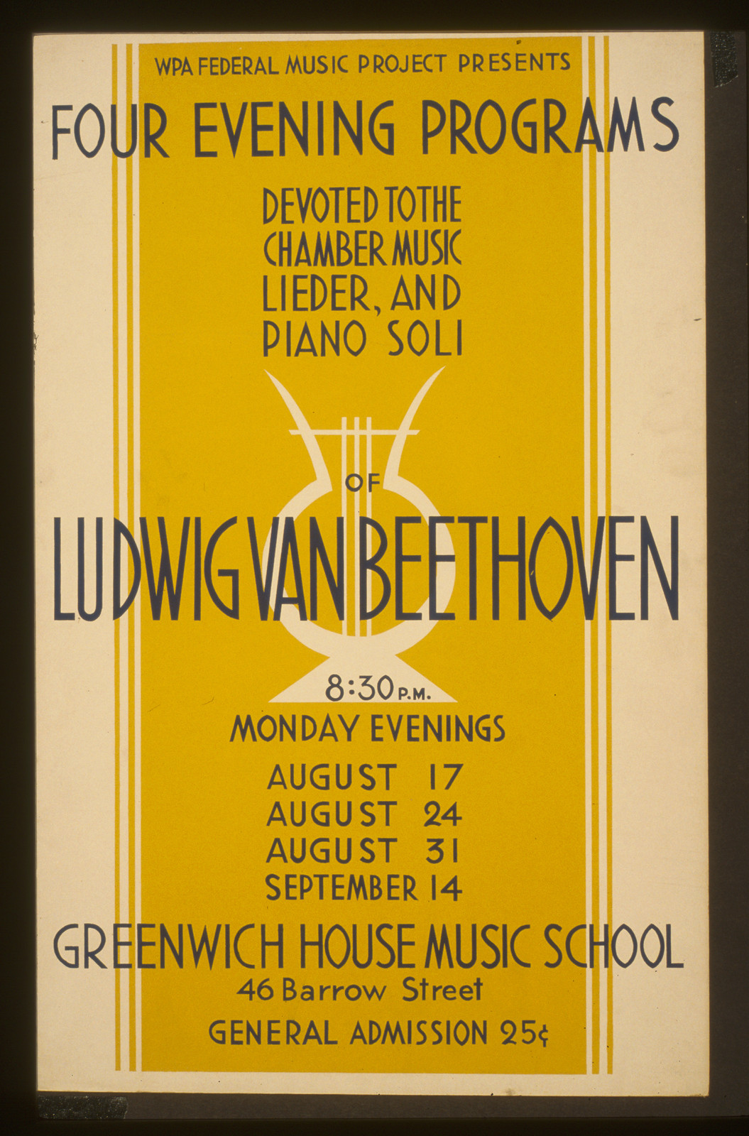 WPA Federal Music Project presents four evening programs devoted to chamber music lie, 1936 — vintage poster