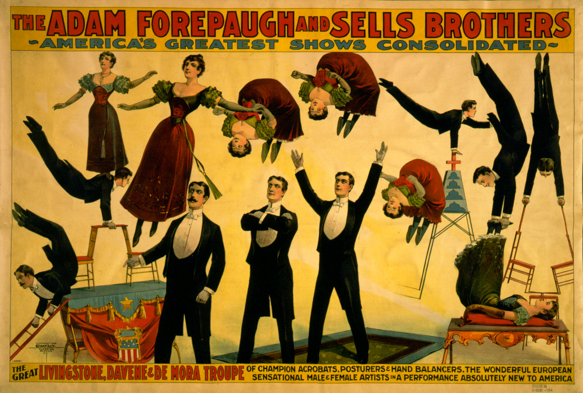 The Adam Forepaugh and Sells Brothers America's greatest shows consolidated--The great Livingstone, Davene & De Mora Troupe of champion acrobats, posturers, and hand balancers, 1898 — historic image