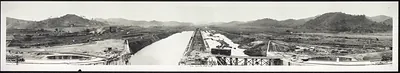 Panoramic view of Panama Canal construction, cut and bridge