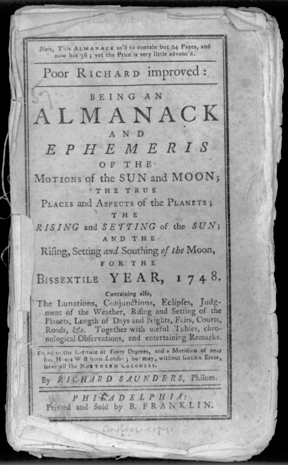 Poor Richard's Almanac, 1748 — historic print