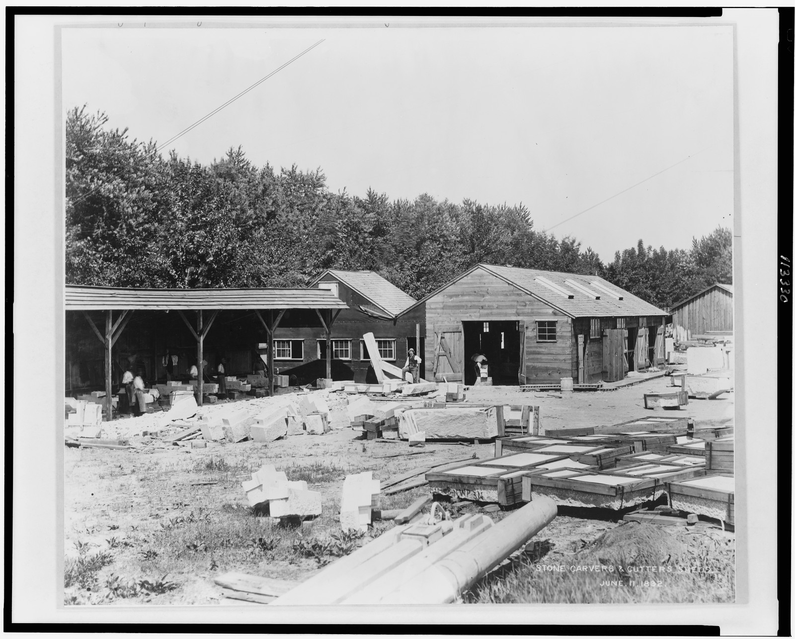 [Stone carvers and cutters' sheds used in the construction of the Jefferson Building, Library of Congress], [1892 June 11] — historic photograph