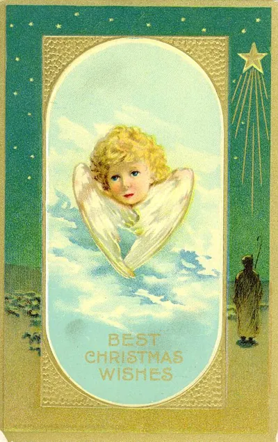 Golden-haired angel above clouds, Best Christmas Wishes card