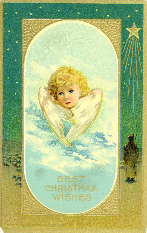 Golden-haired angel above clouds, Best Christmas Wishes card — historic image
