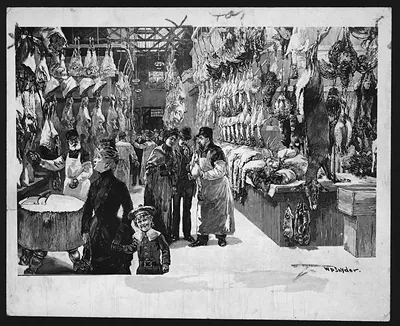 Butcher shop interior with hanging meat and customers