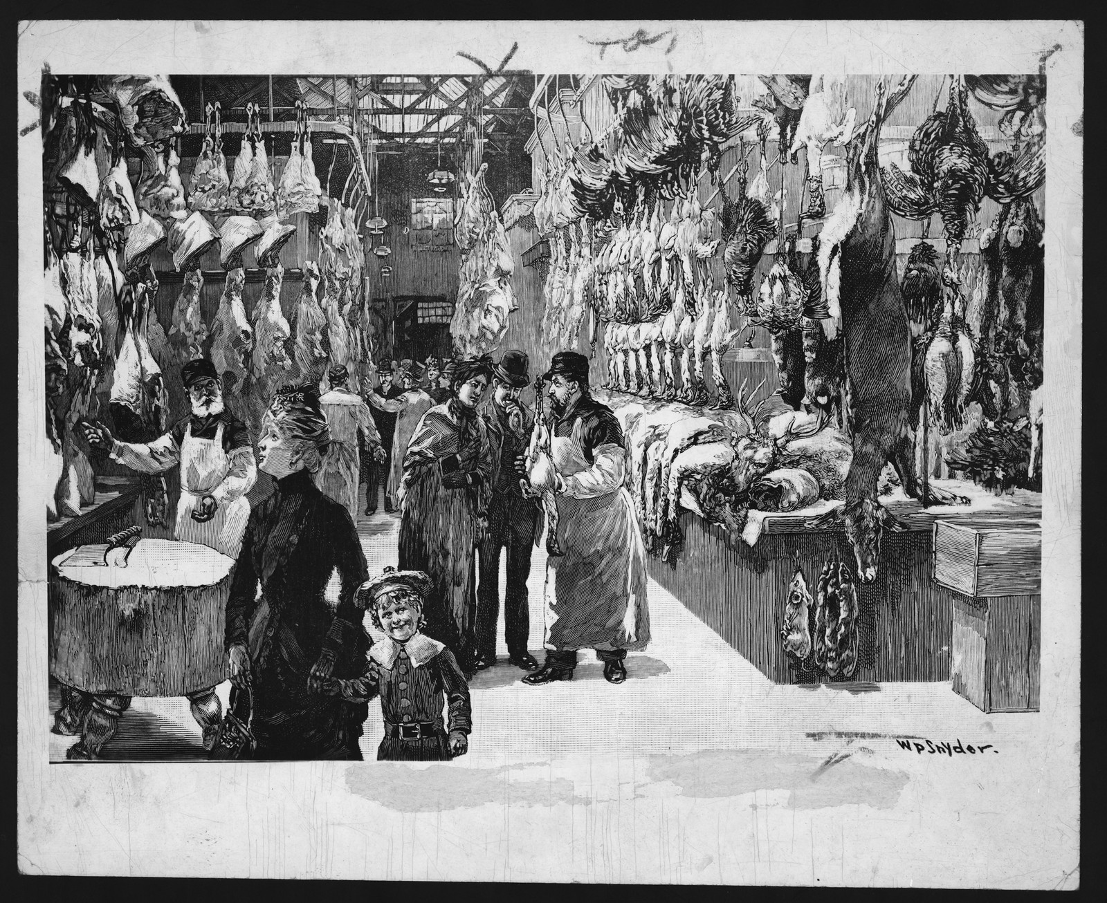 Butcher shop interior with hanging meat and customers — historic image