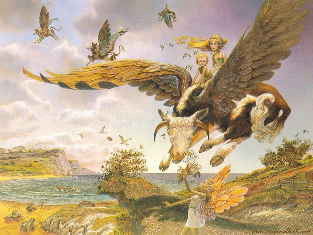 Winged bull with children and a fairy over a coast — historic image