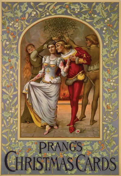 Prang's Christmas Cards advertisement with mistletoe and costumed lovers
