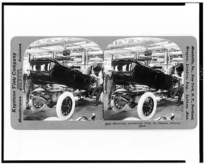 Mounting automobile body on chassis, Detroit, Mich.