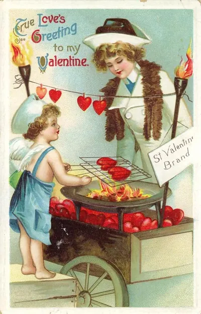 Valentine postcard: cupid and woman roasting hearts on a cart