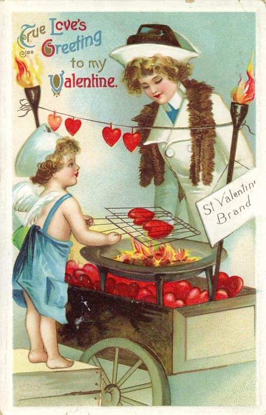 Valentine postcard: cupid and woman roasting hearts on a cart — vintage postcard