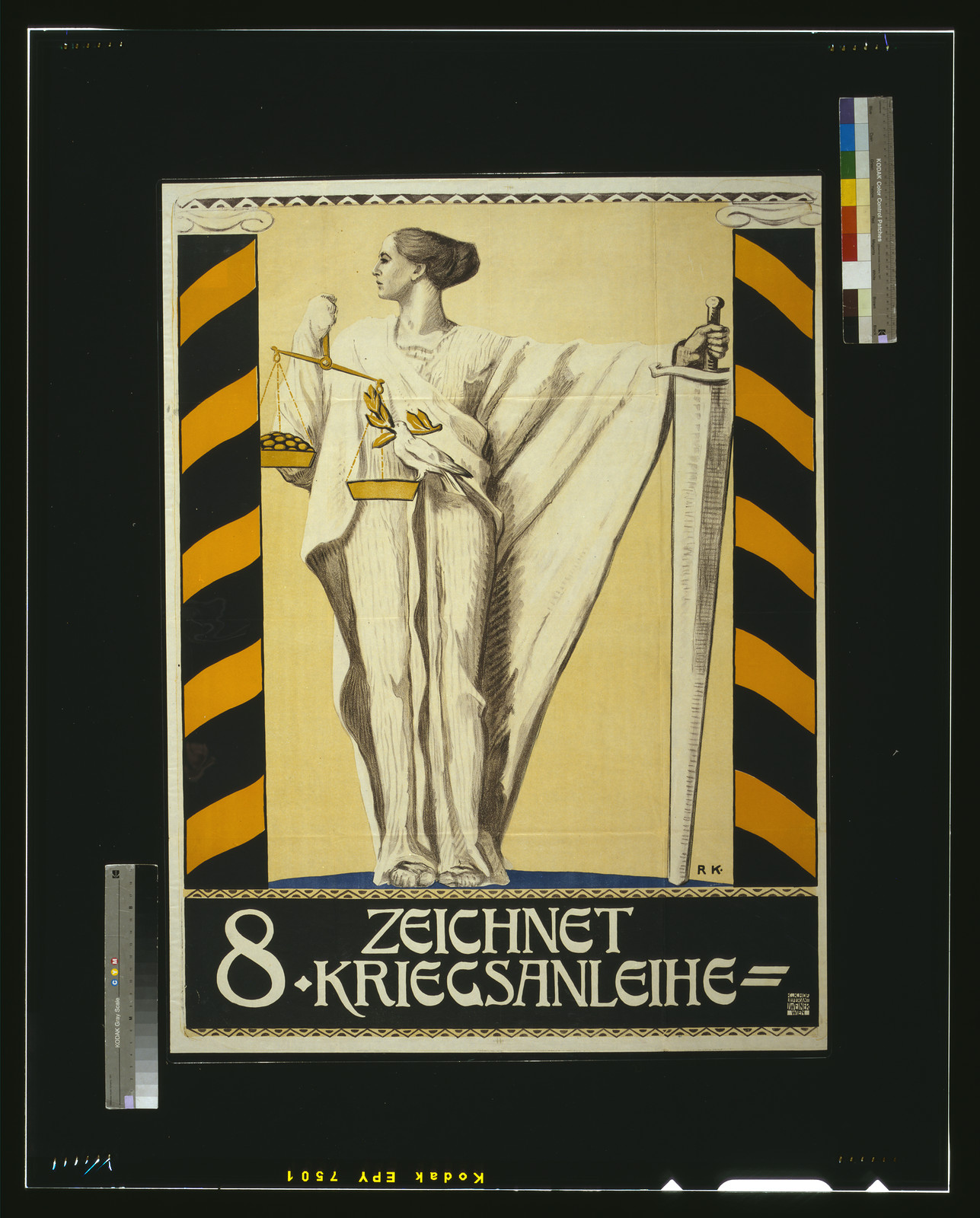 Zeichnet 8. Kriegsanleihe war loan poster with Lady Justice, 1918 — vintage poster