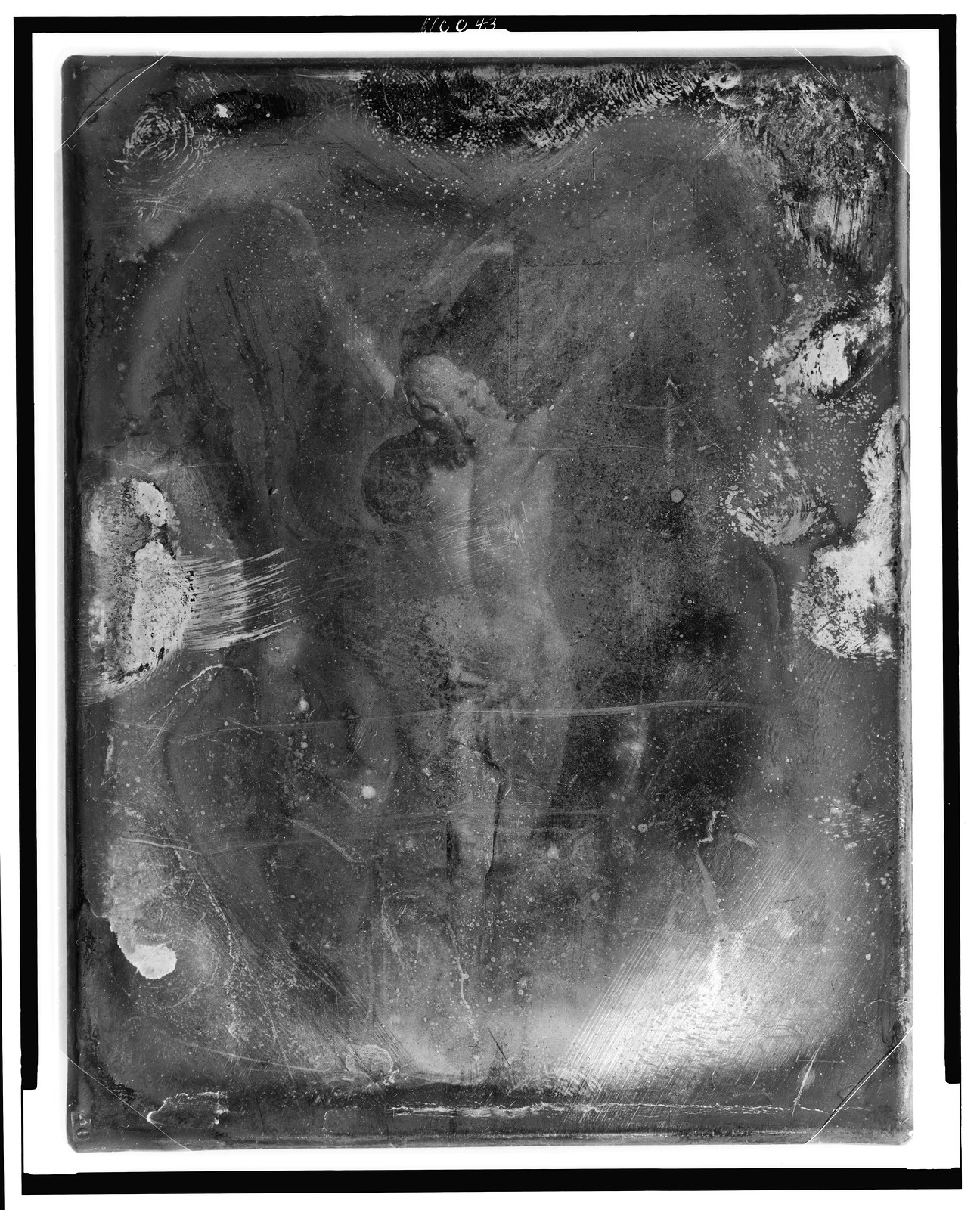 Faint standing figure on a damaged early photographic plate, 1844 — historic photograph