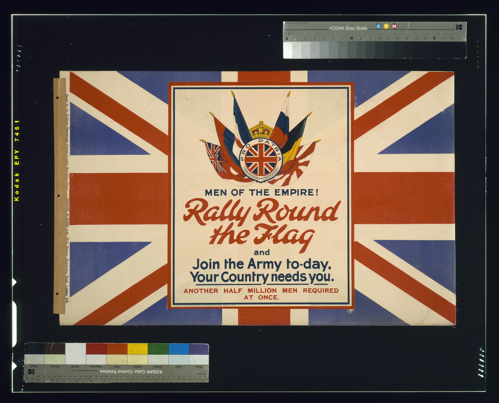 Men of the empire! Rally round the flag and join the army to-day, your country needs you. Another half million men required at once / Andrew Reid & Co., Ltd., 50, Grey Street, Newcastle-on-Tyne ; Merser & Sons Ltd. Printers, Kennington Road, London, S.E., [London] : Publicity Department, Central London Recruiting Depot, [1915] — vintage poster