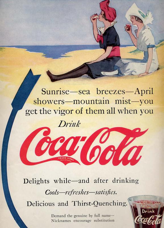 Vintage Coca-Cola advertisement with beach sunrise scene — historic image