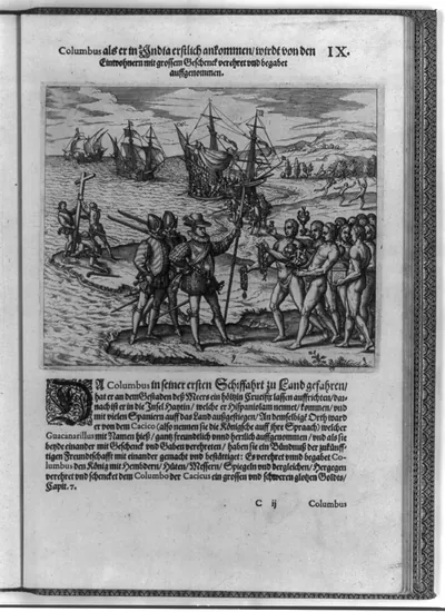 [Columbus landing on Hispaniola, Dec. 6, 1492; greeted by Arawak Indians]
