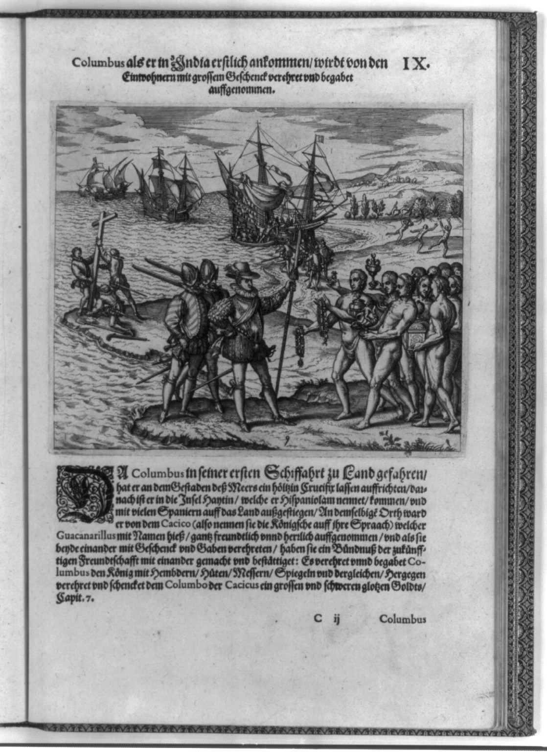 [Columbus landing on Hispaniola, Dec. 6, 1492; greeted by Arawak Indians], [no date recorded on caption card] — antique engraving