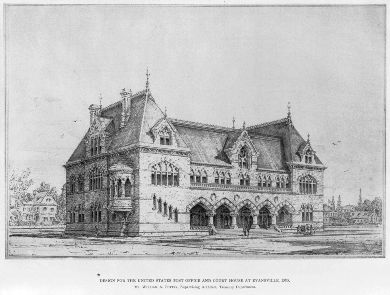 Design for the United States Post Office and Court House at Evansville, Ind. Mr. William A. Potter, Supervising Architect, Treasury Department, [no date recorded on caption card] — antique engraving