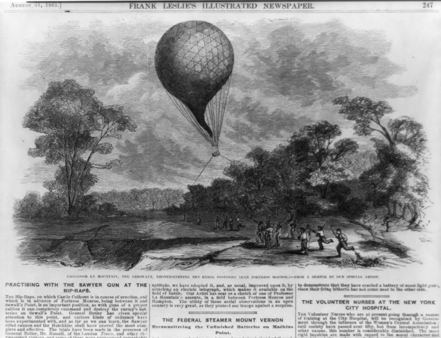 Prof. La Mountain, the Aeronaut, reconnoitering the rebel positions near Ft. Monroe, 1861 — antique engraving