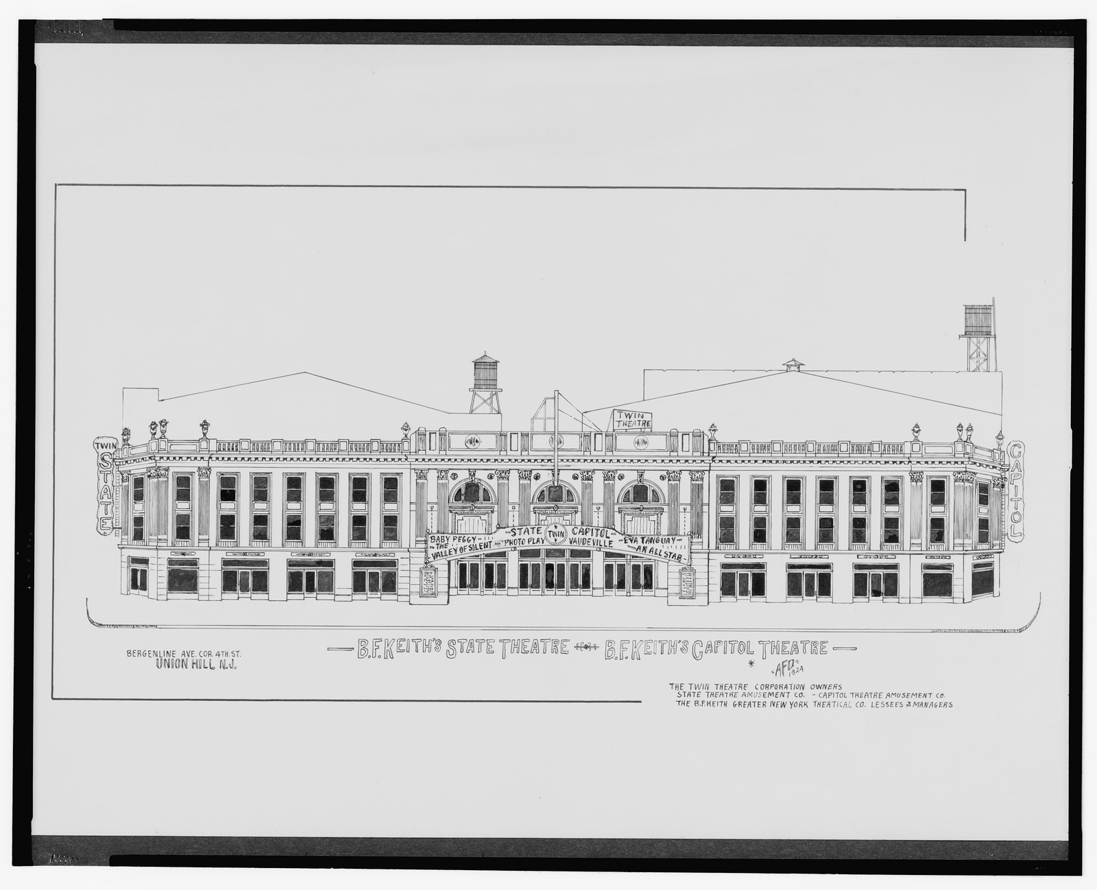 [B.F. Keith's State Theatre and B.F. Keith's Capitol Theatre (Twin Theatre), Bergenline Ave. corner 4th St., Union Hill (i.e., Union City), New Jersey] / AFD 1924., And Engineering (ADE) Drawings — vintage poster