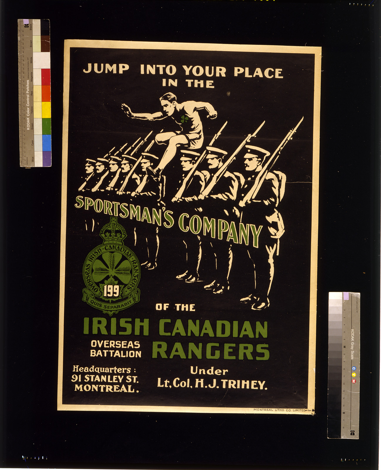 Jump into your place in the Sportsmans Company of the Irish Canadian Rangers, 1914 — vintage poster