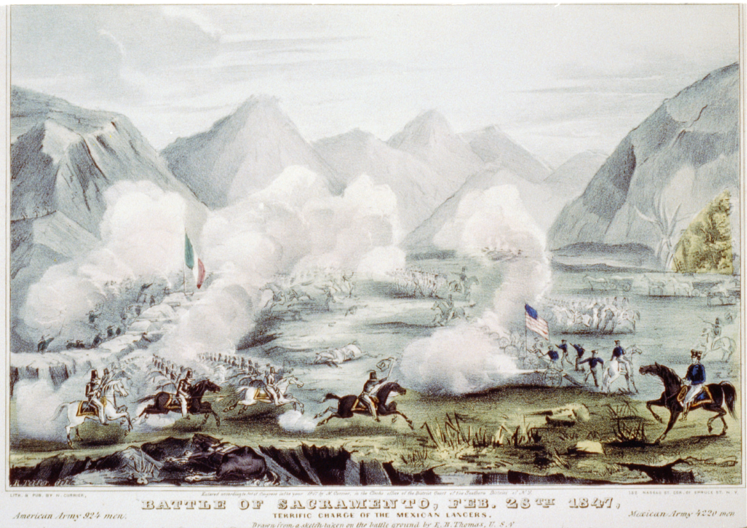 Battle of Sacramento, Feb. 28th 1847: terrific charge of the Mexican lancers, [New York] : N. Currier, 1847. — antique lithograph