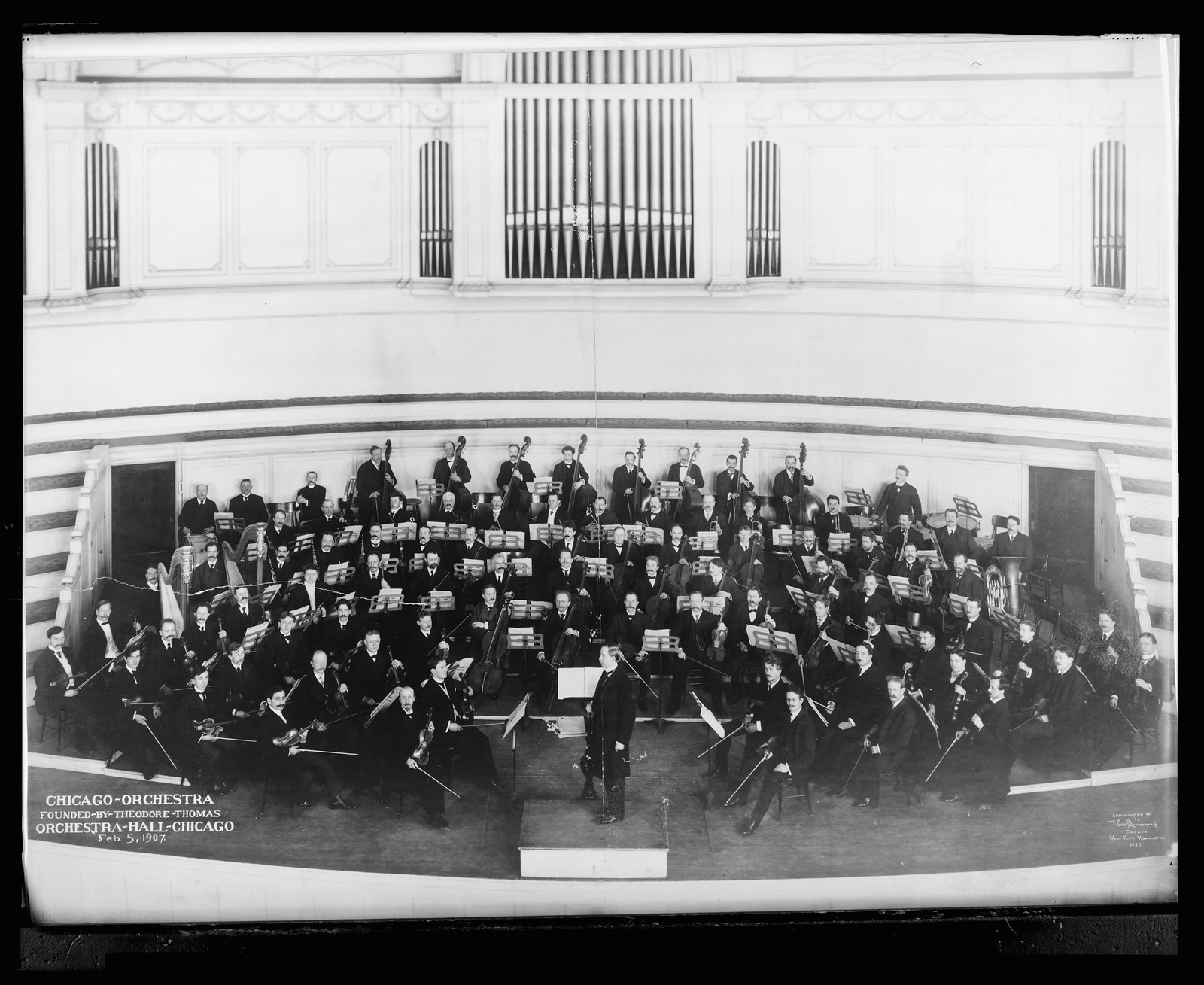 Chicago Orchestra, founded by Theodore Thomas, Orchestra Hall, Chicago, Feb. 5, 1907, 1907 February 5. — historic photograph
