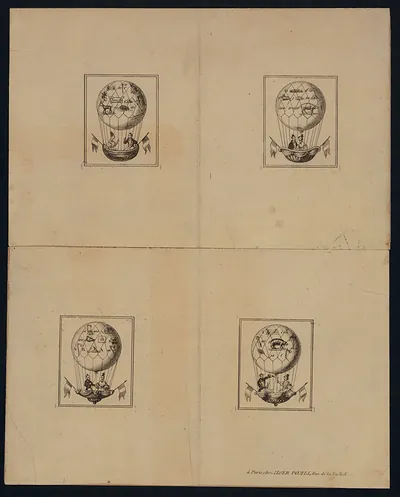 Four hot air balloons with figures, published in Paris by Pomel