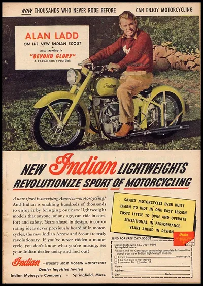Alan Ladd on Indian Scout motorcycle advertisement